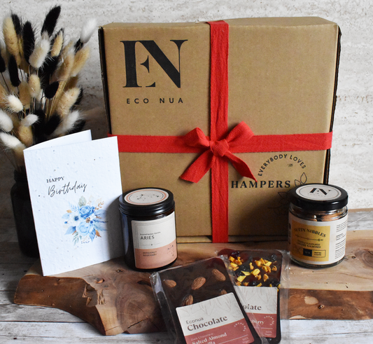 Econua "Candlelit Indulgence" Hamper - Aromatherapy Candle | Nuts | Chocolate Bars | Personalised Seed Paper Card