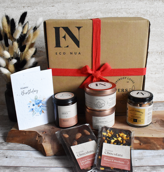 Econua "Candlelit Delight" Hamper - Aromatherapy Candle in our Zodiac Scent or Signature Fragrance | Nuts | Chocolate Bars | Personalised Seed Paper Card