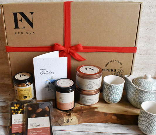 Econua "Tea Time" Hamper - Aromatherapy Candle in our Zodiac Scent or Signature Fragrance | Chocolate Bars | Tea |  Teapot Set | Nuts | Personalised Seed Paper Card
