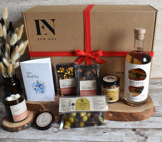 Econua "Gin Lover's" Hamper - Atopia Gin, Aromatherapy  Candle in our Zodiac Scent or Signature Fragrance | Olives | Chocolate Bars | Nuts | Personalised Seed Paper Card