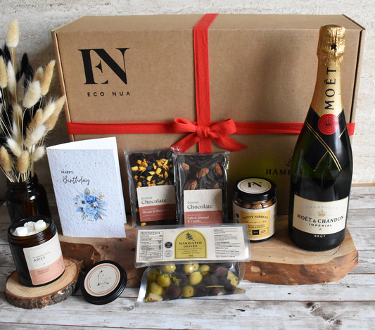 Econua "Champagne Bliss" Hamper - Moet Champagne, Aromatherapy Candle in our Zodiac Scent or Signature Fragrance | Olives | Chocolate Bars | Nuts | Tea | Personalised Seed Paper Card