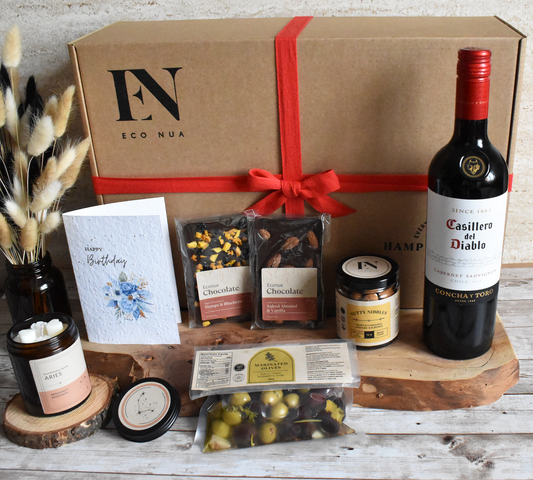 Econua "Wine and Dine Hamper" - Casillero del Diablo Red Wine, Aromatherapy Candle in our Zodiac Scent or Signature Fragrance | Olives | Chocolate Bars | Nuts | Personalised Seed Paper Card