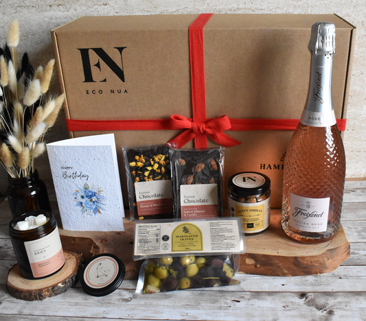 Econua "Bubbly Bliss" Hamper - Freixenet Sparkling Rosé, Aromatherapy Candle in our Zodiac Scent or Signature Fragrance | Olives | Chocolate Bars | Nuts | Personalised Seed Paper Card