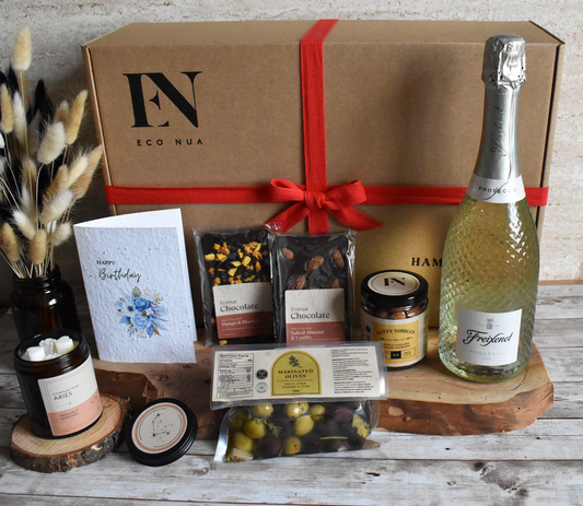 Econua "Bubbly Bliss" Hamper - Freixenet Sparkling White, Aromatherapy Candle in our Zodiac Scent or Signature Fragrance | Olives | Chocolate Bars | Nuts | Personalised Seed Paper Card