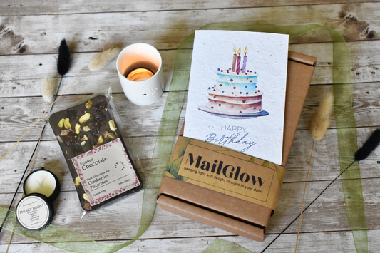 MailGlow Birthday Gift Box with 6 Tealight Tins, Tealight Holder, Dark Chocolate Bar and Seed Paper Birthday Card