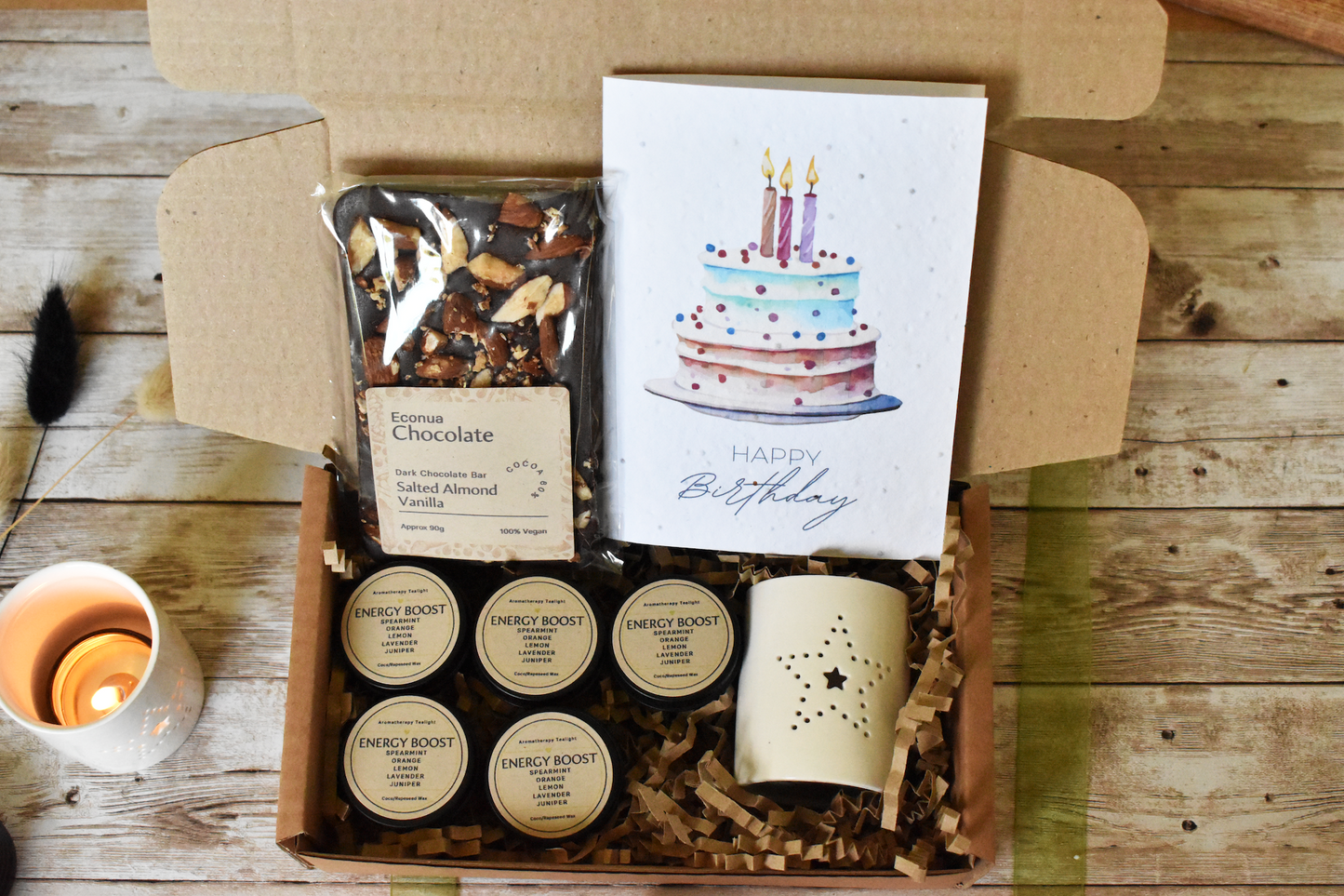 MailGlow Birthday Gift Box with 6 Tealight Tins, Tealight Holder, Dark Chocolate Bar and Seed Paper Birthday Card