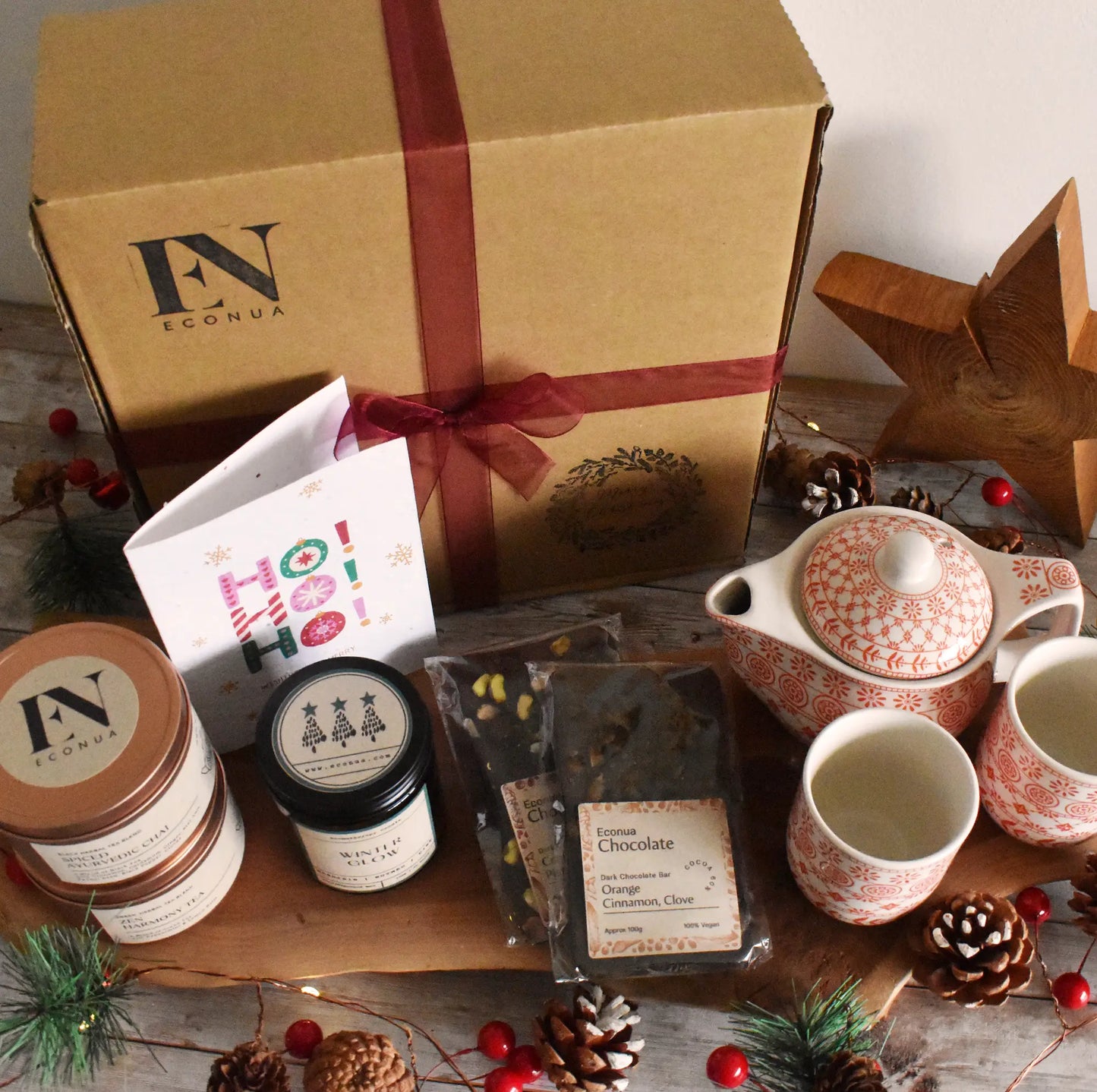 Christmas  "Tea Time" Hamper - Festive Aromatherapy Candle | Chocolate Bars | Tea |  Teapot Set | Nuts | Personalised Seed Paper Card Econua