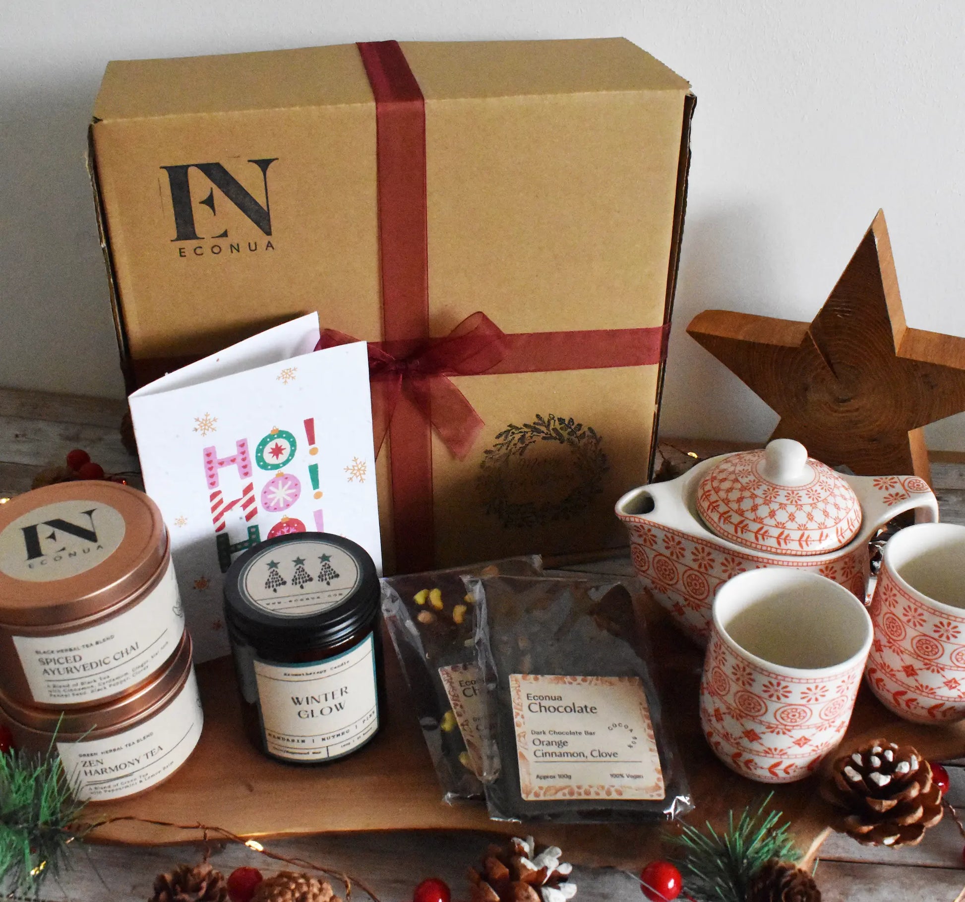 Christmas  "Tea Time" Hamper - Festive Aromatherapy Candle | Chocolate Bars | Tea |  Teapot Set | Nuts | Personalised Seed Paper Card Econua