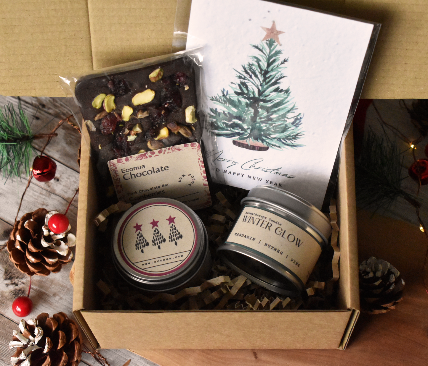 GIFT SET - "Christmas Tin Candle Duo" - Festive Silver Tin Candles, Vegan Dark Chocolate Bar and Christmas Seed Paper Card