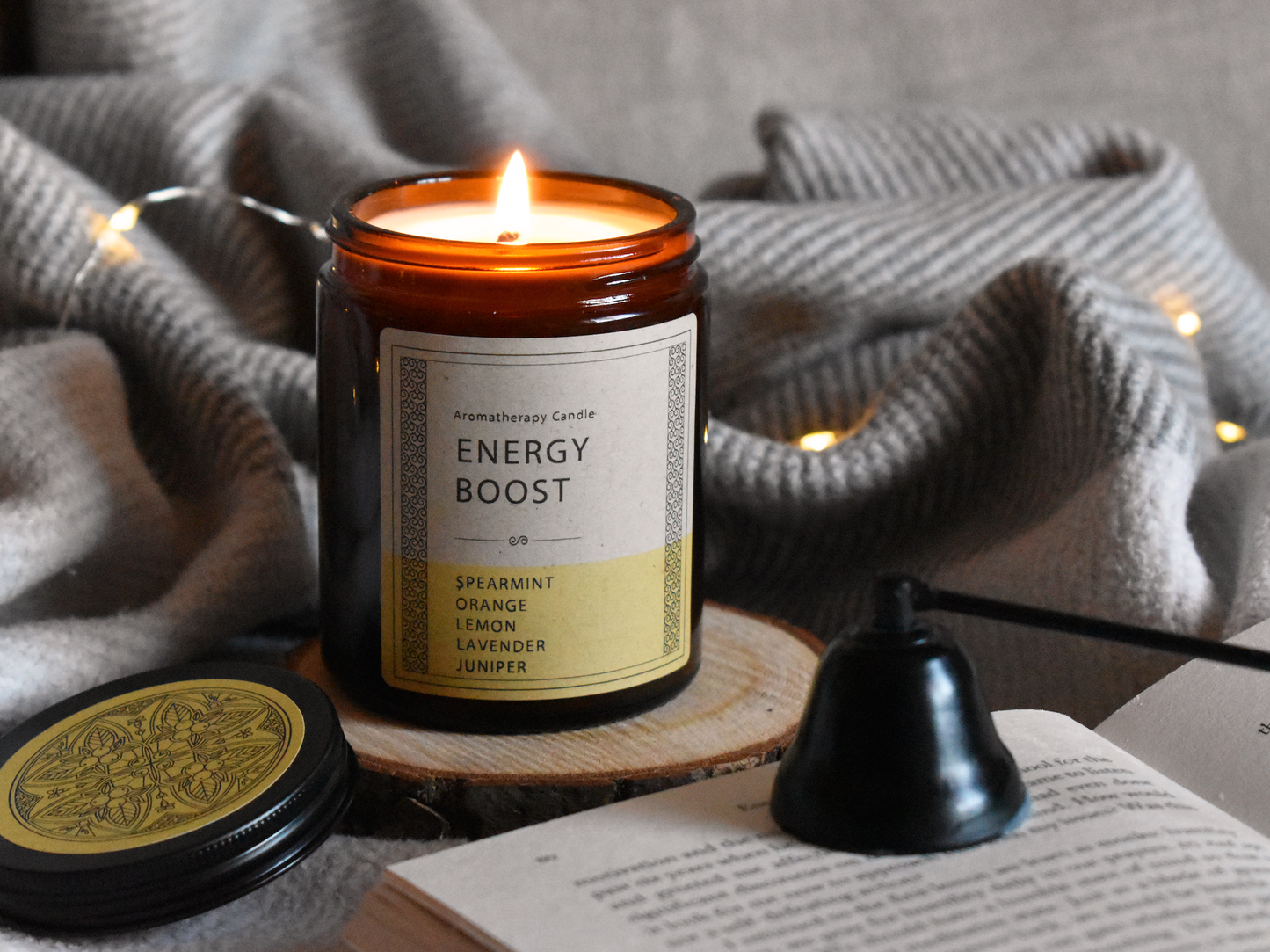 Elevate Your Mood with the "Energy Boost" Aromatherapy Candle: Spearmint, Orange, Lemon, Lavender, Juniper" Ecosenz Wellbeing