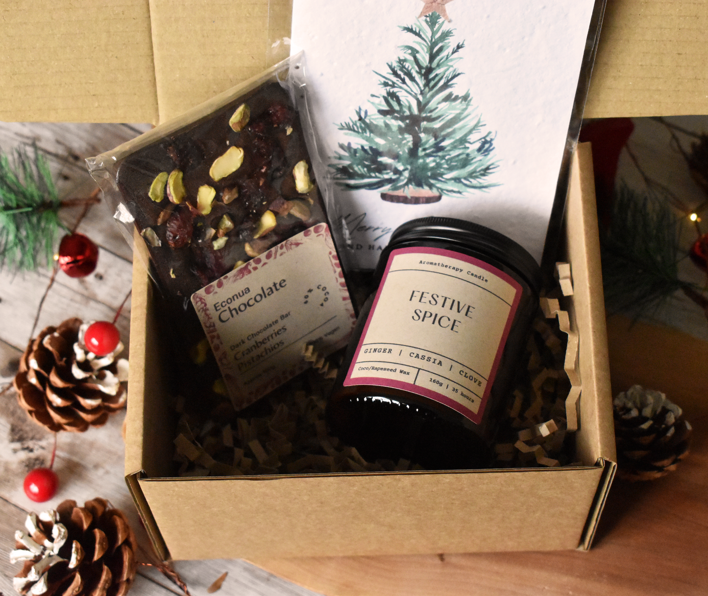 GIFT SET - "Christmas Delight" - Festive Amber Jar Candle, Vegan Dark Chocolate Bar and Christmas Seed Paper Card