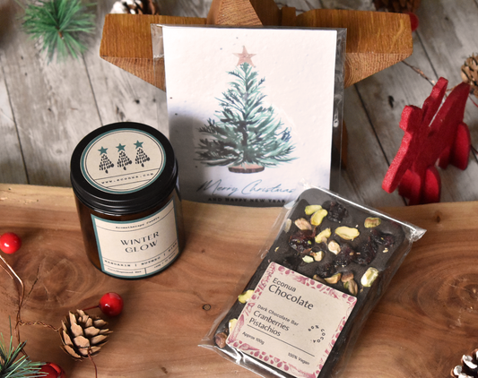 GIFT SET - "Christmas Delight" - Festive Amber Jar Candle, Vegan Dark Chocolate Bar and Christmas Seed Paper Card