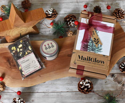 FESTIVE SPICE  MailGlow Gift Box with Tin Candle, Dark Chocolate Bar and Seed Paper Christmas Card