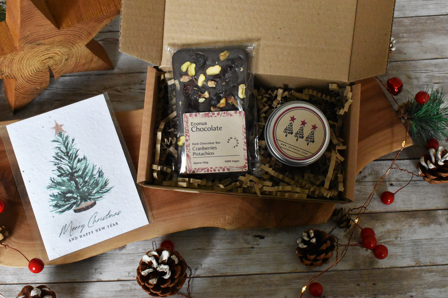 FESTIVE SPICE  MailGlow Gift Box with Tin Candle, Dark Chocolate Bar and Seed Paper Christmas Card