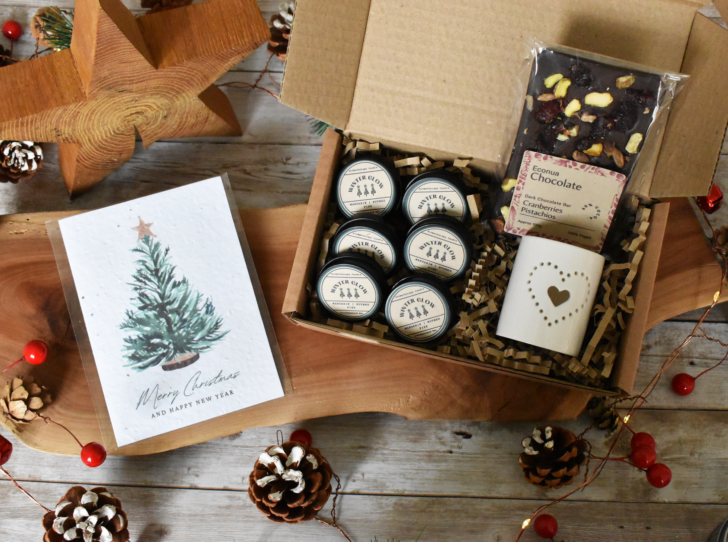 WINTER GLOW MailGlow Gift Box with 6 Tealight Tins, Tealight Holder, Dark Chocolate Bar and Seed Paper Christmas Card