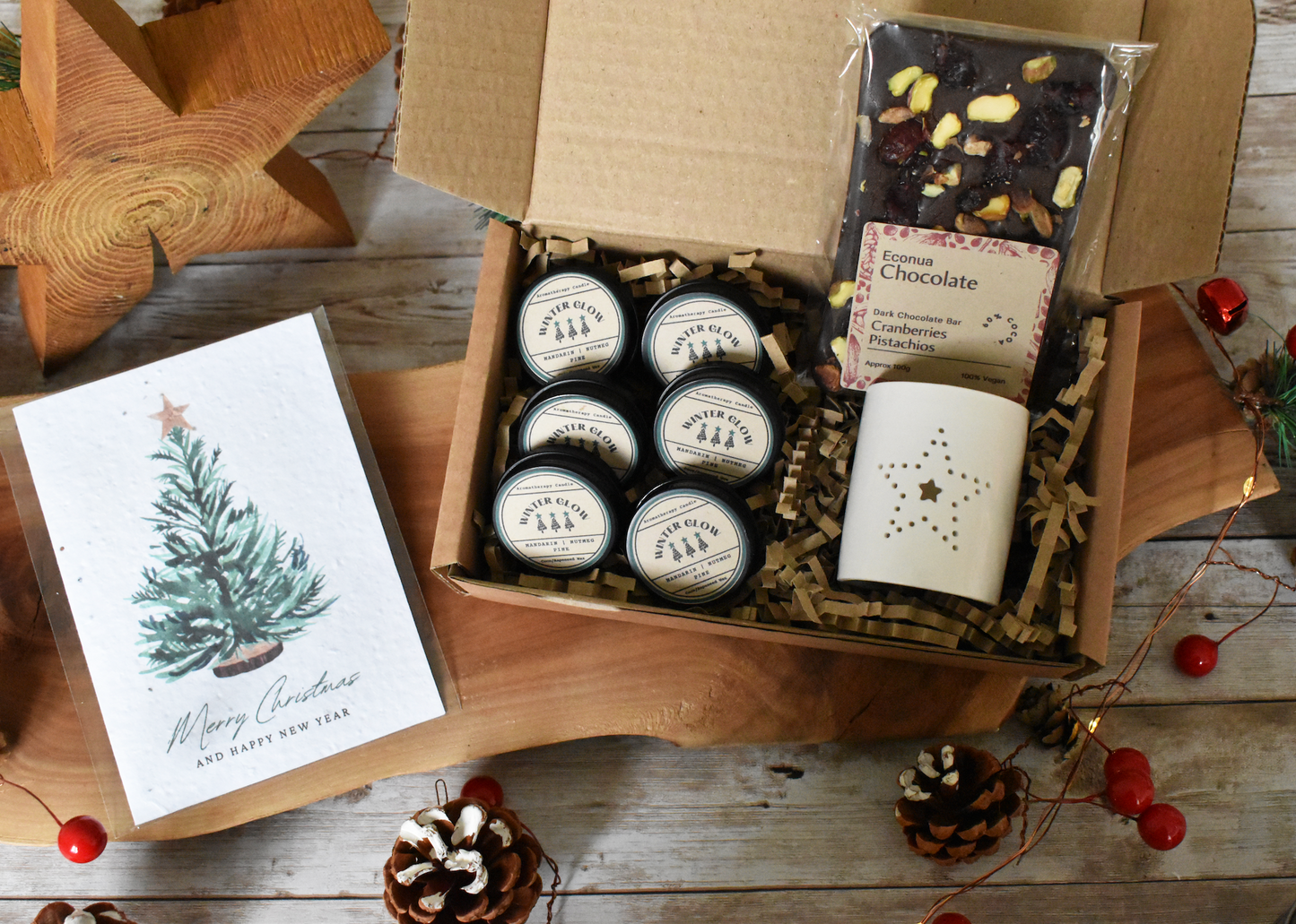 WINTER GLOW MailGlow Gift Box with 6 Tealight Tins, Tealight Holder, Dark Chocolate Bar and Seed Paper Christmas Card