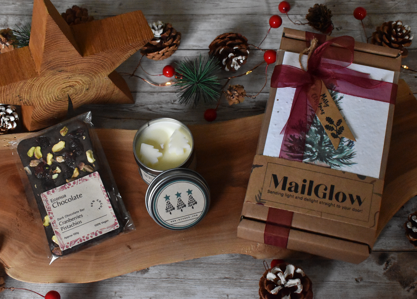 FESTIVE SPICE  MailGlow Gift Box with Tin Candle, Dark Chocolate Bar and Seed Paper Christmas Card