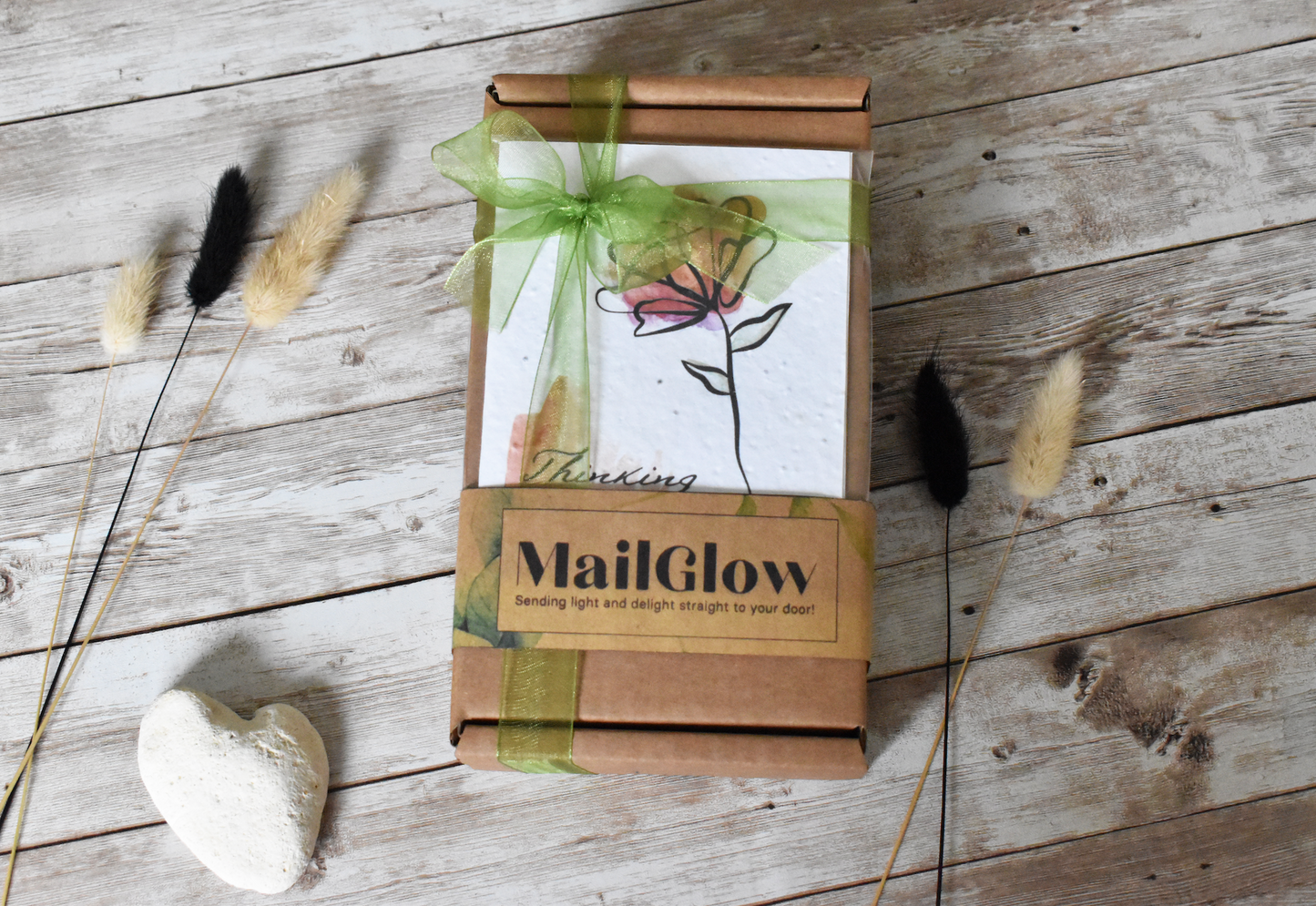 MailGlow Thinking Of You Gift Box with 6 Tealight Tins, Tealight Holder, Dark Chocolate Bar and Seed Paper Thinking Of You Card