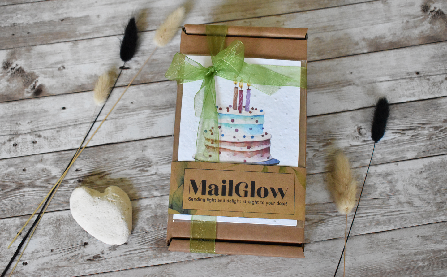 MailGlow Birthday Gift Box with 6 Tealight Tins, Tealight Holder, Dark Chocolate Bar and Seed Paper Birthday Card