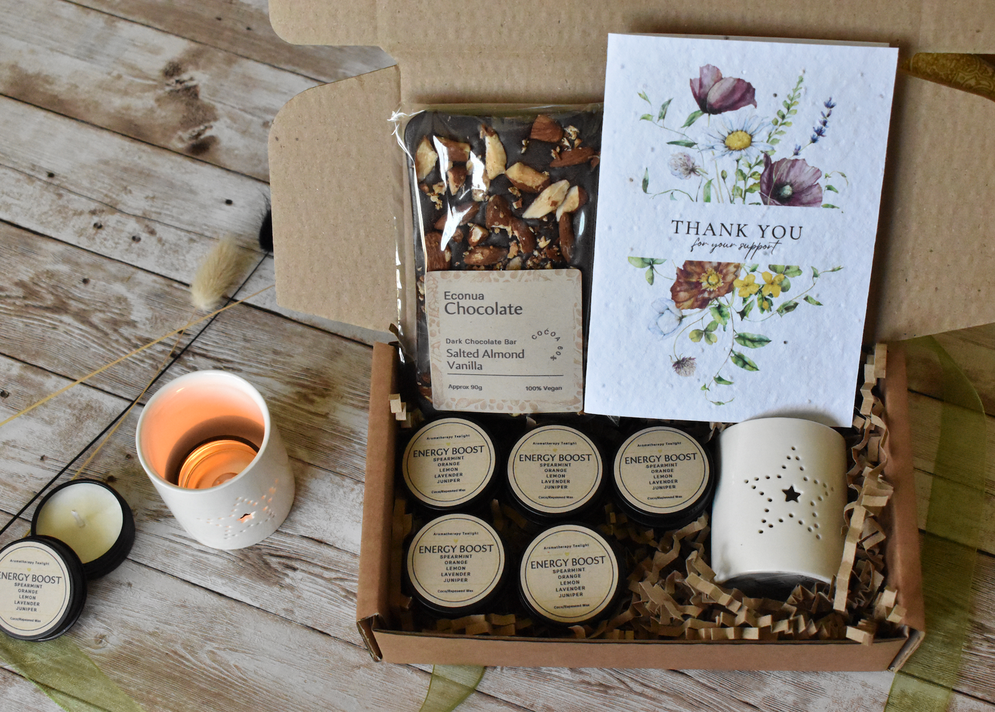 MailGlow Thank You Gift Box with 6 Tealight Tins, Tealight Holder, Dark Chocolate Bar and Seed Paper Thank You Card