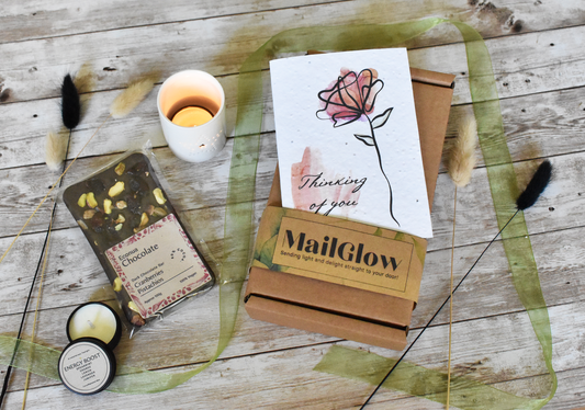 MailGlow Thinking Of You Gift Box with 6 Tealight Tins, Tealight Holder, Dark Chocolate Bar and Seed Paper Thinking Of You Card