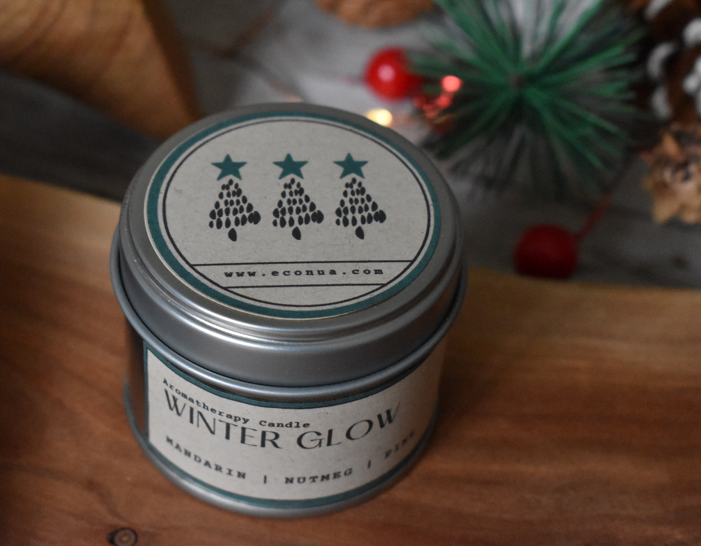 Candle Tin - "WINTER GLOW" -  Mandarin, Nutmeg and Pine Essential oil Blend